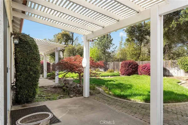 a backyard of a house with a garden and plants