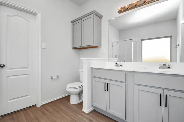 a bathroom with a toilet sink and mirror