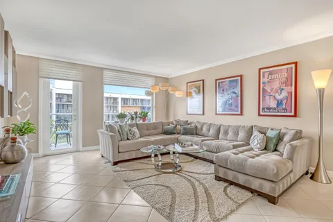 a living room with furniture and a potted plant