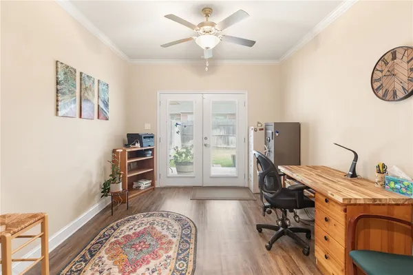 a workspace with furniture and a window