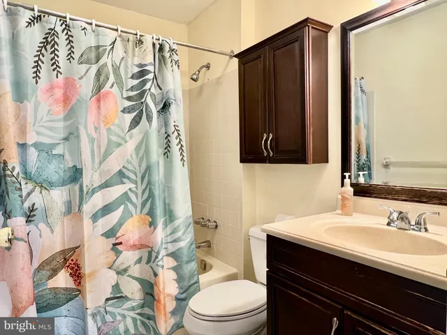a bathroom with a sink a toilet and shower curtain