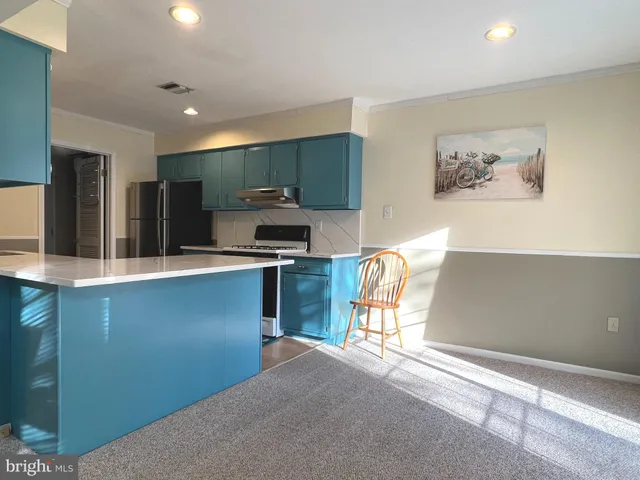 a kitchen with a refrigerator and a sink