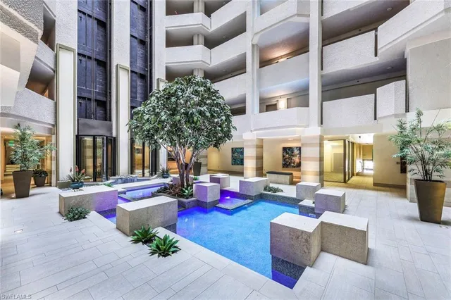 a building outdoor space with patio furniture