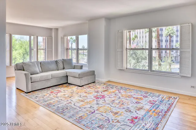 a living room with furniture and a rug