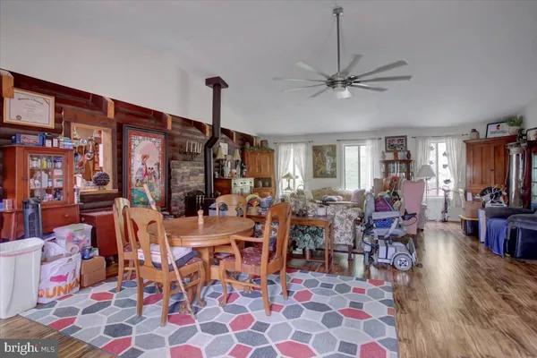 a room with fireplace and furniture