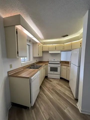 a kitchen with a stove a sink and a refrigerator