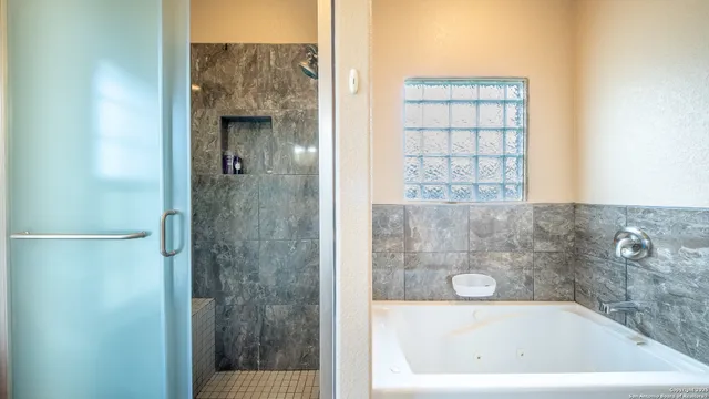 a bathroom with a bathtub