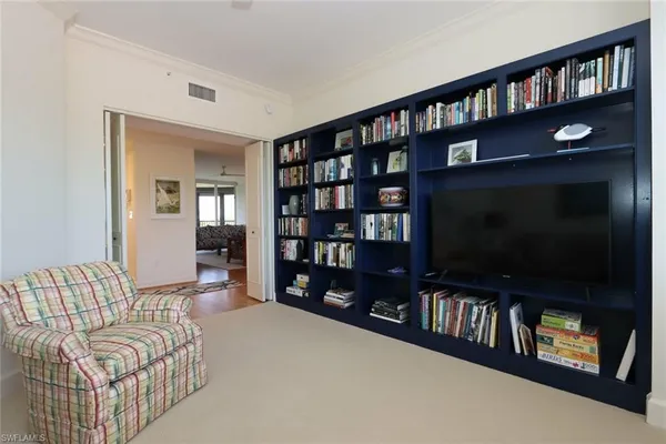 a living room with television and a book shelf
