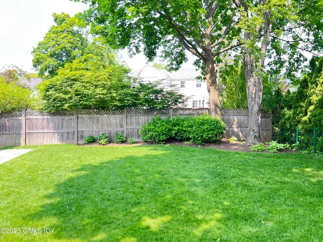 a view of a backyard with large trees and wooden fence