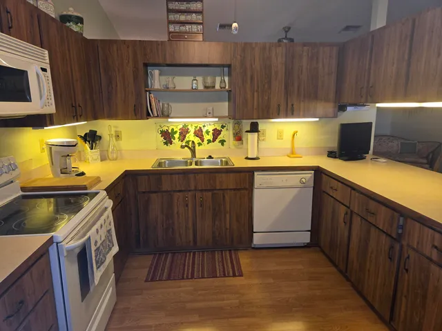 a kitchen with a sink and wooden cabinets