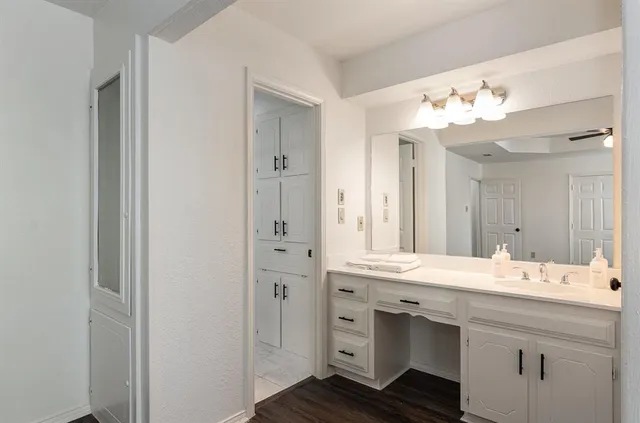 a bathroom with a sink vanity and a mirror