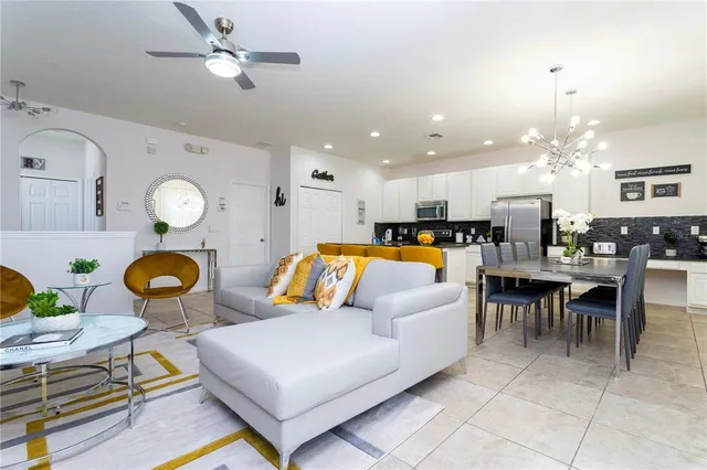 a view of a dining room with furniture