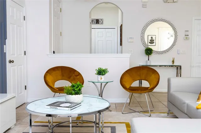 a view of a dining room with furniture