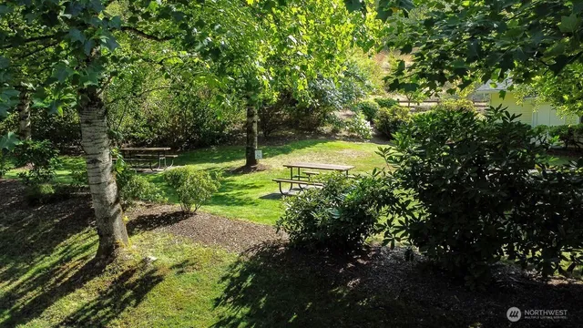 a backyard of a house with table and chairs