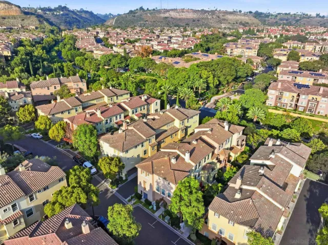 an aerial view of a house with a yard and garden