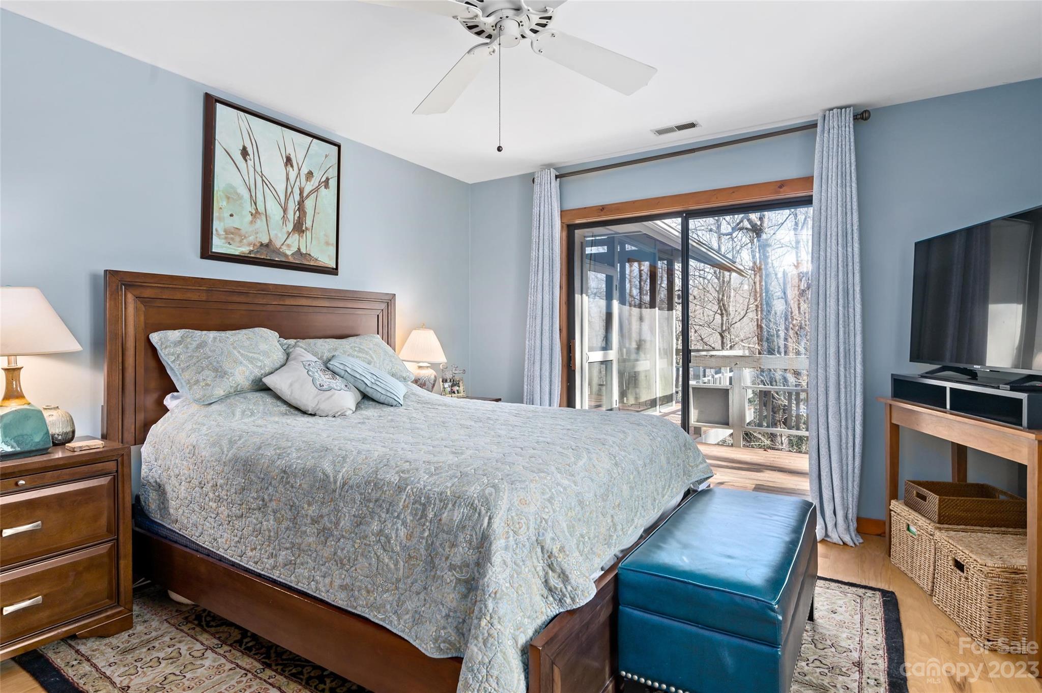 139 Panther Gap Road Brevard, NC 28712 - Photo 12 of 42 a bedroom with a bed and a flat tv screen on dresser