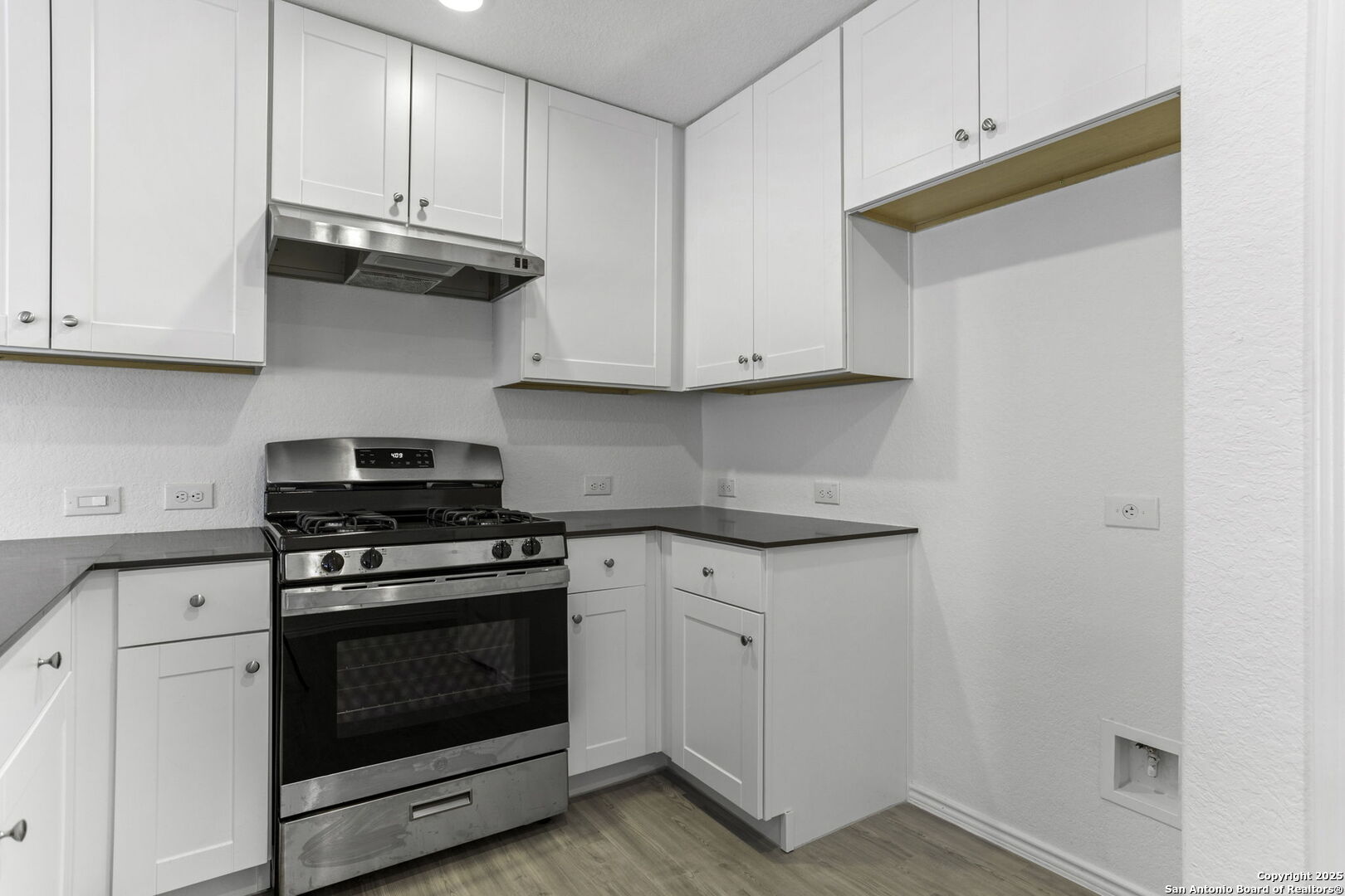 31838 Cherry Bulverde, TX 78163 - Photo 8 of 19 a kitchen with granite countertop white cabinets and stainless steel appliances