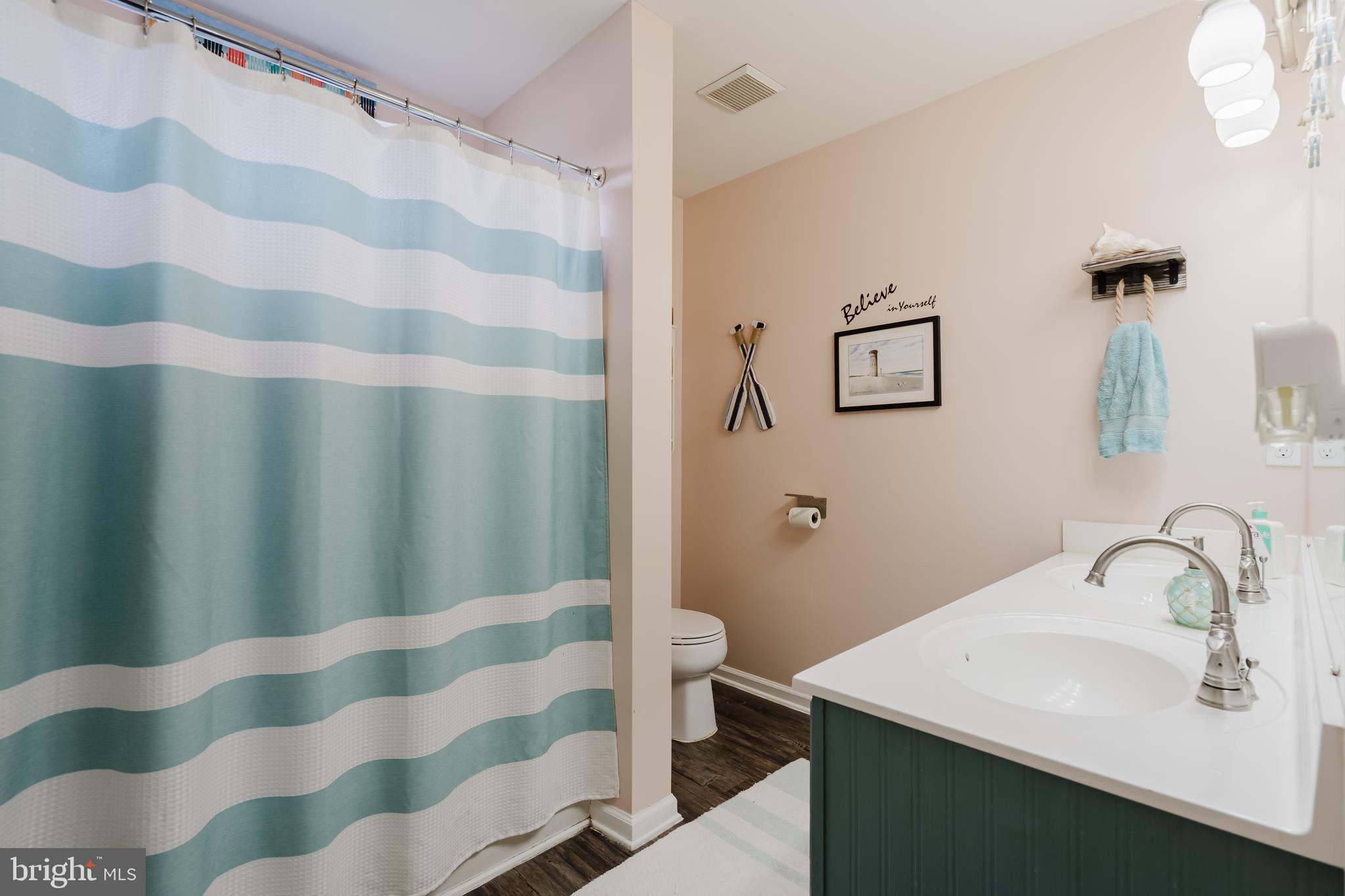 1 Bohemia Road Bear, DE 19701 - Photo 35 of 66 a bathroom with a sink a toilet a mirror and shower curtain