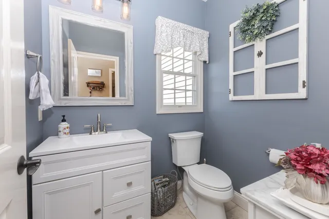 a bathroom with a toilet sink vanity and mirror