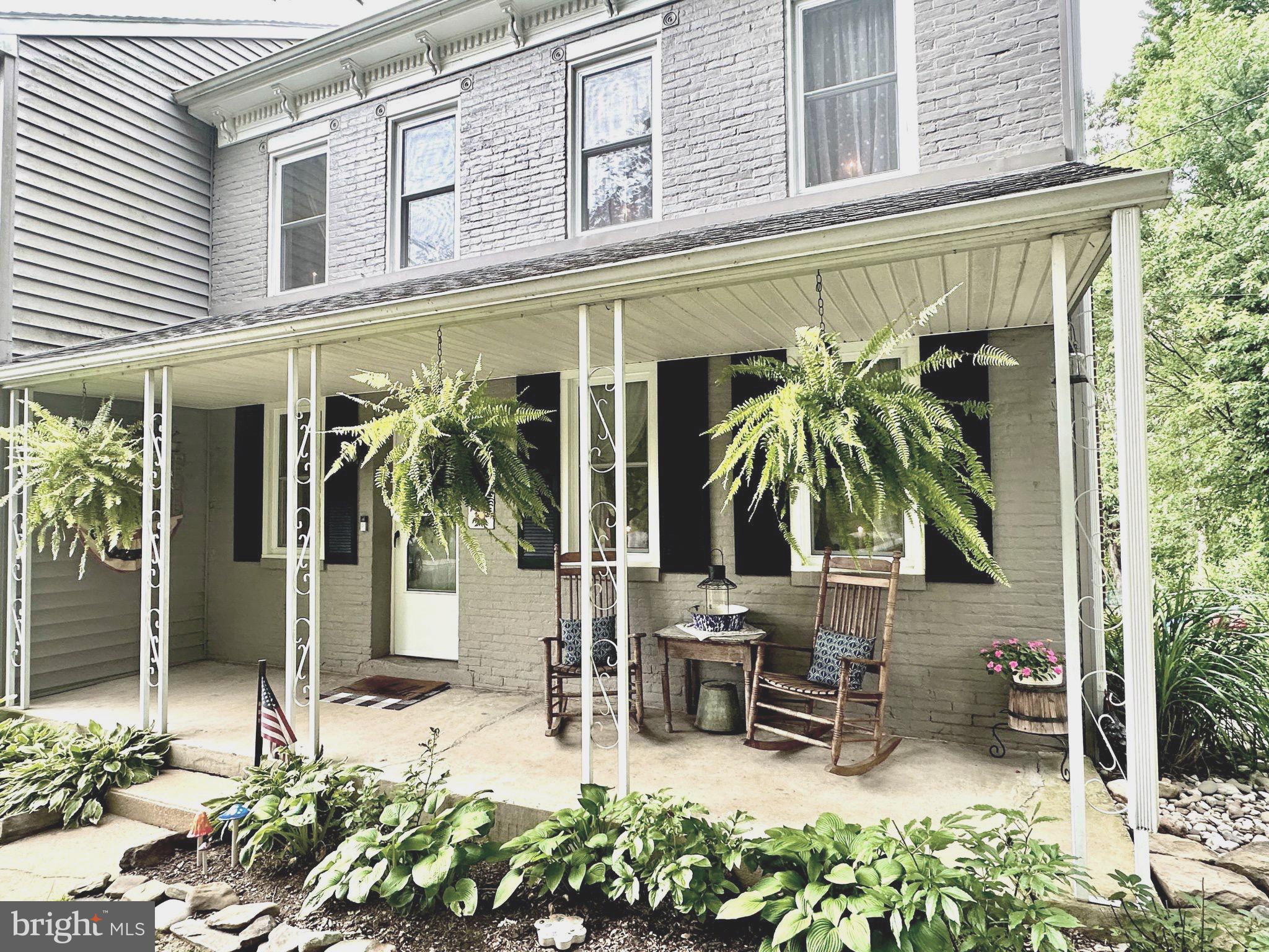 a view of a backyard with potted plants and a barbeque grill