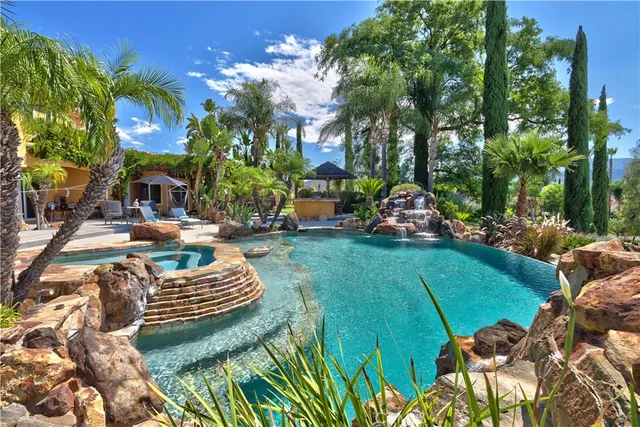 a view of a park with large trees