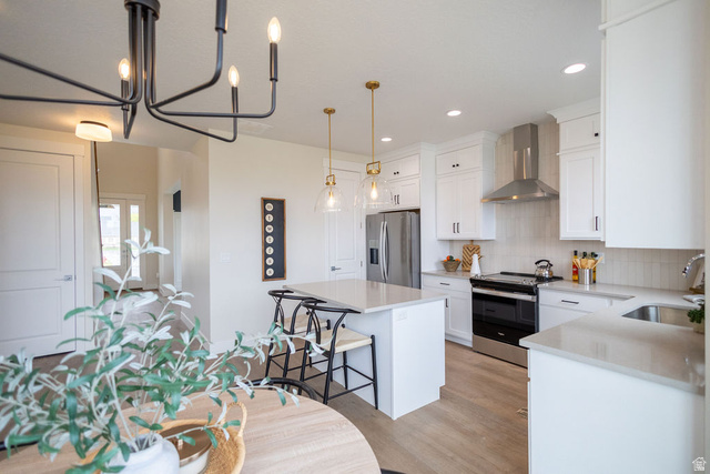 209 North 1140 West Mapleton, UT 84664 - Photo 19 of 21 Kitchen featuring stainless steel appliances, suspended lighting, white cabinetry, a center island, and tasteful backsplash