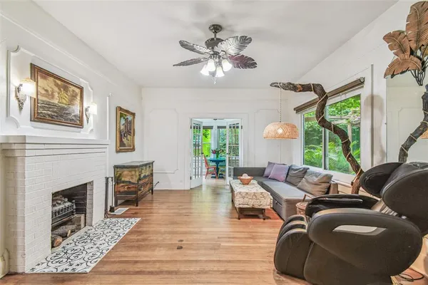 an outdoor space with wooden floor