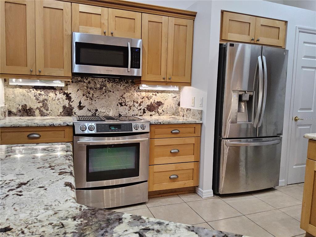 8023 St Andrews Way Mount Dora, FL 32757 - Photo 17 of 28 a kitchen with granite countertop a stove microwave and refrigerator