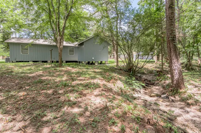 a house covered with tall trees