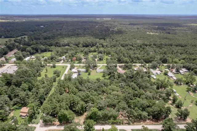 an aerial view of residential houses with outdoor space and trees