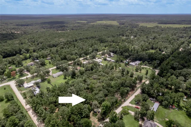 an aerial view of residential house with outdoor space and trees around