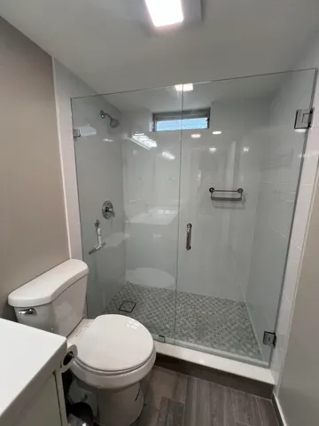 a bathroom with a shower and toilet