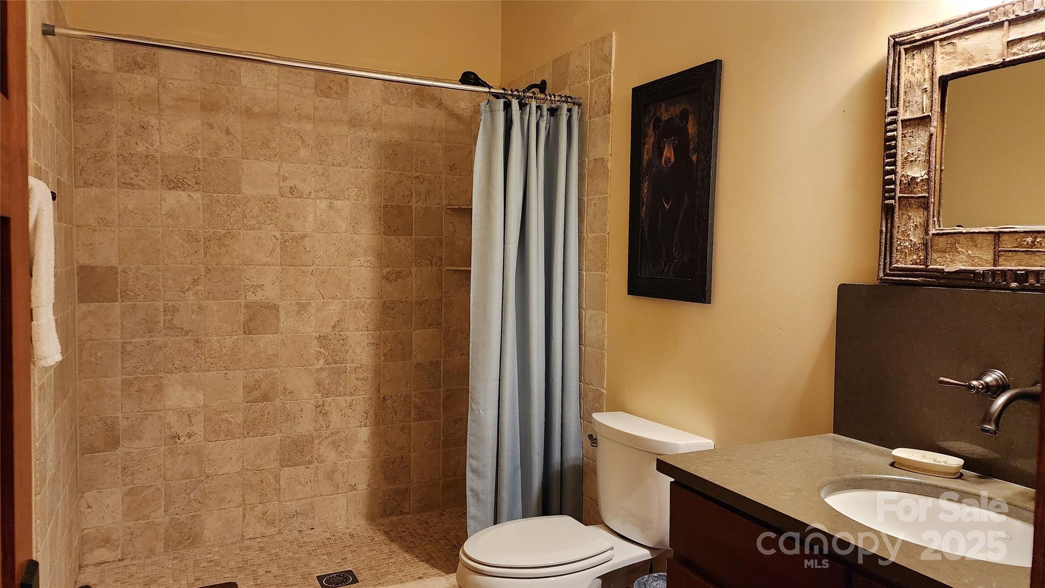 5 Chaucer Road Black Mountain, NC 28711 - Photo 22 of 48 a bathroom with a granite countertop sink toilet and shower