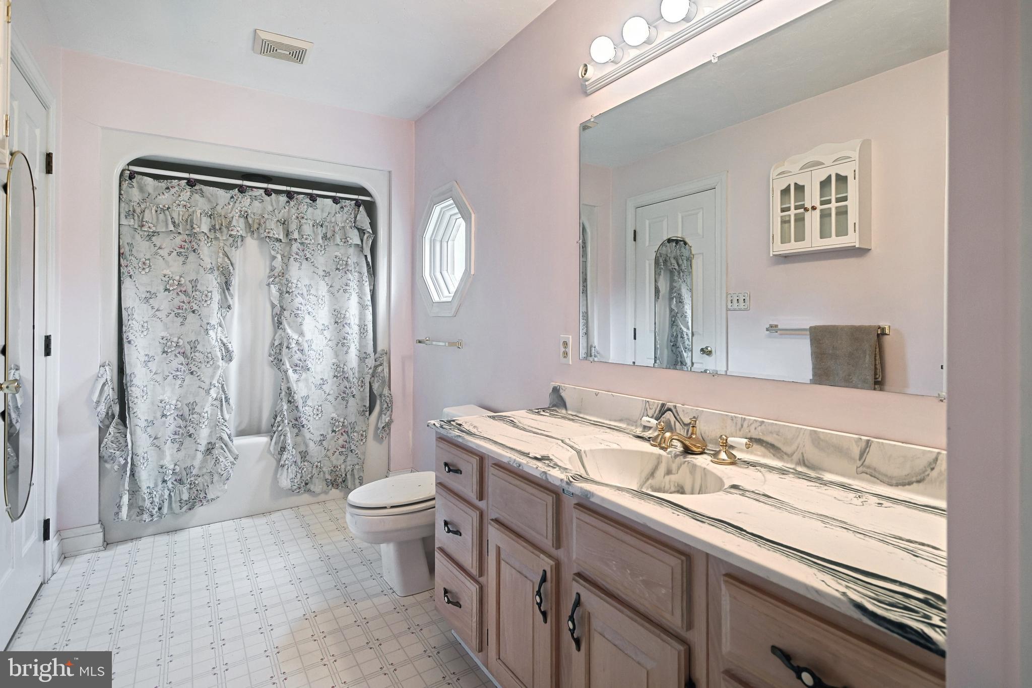 302 Pinetown Road Hanover, PA 17331 - Photo 37 of 55 a bathroom with a granite countertop sink a toilet a mirror and shower curtain
