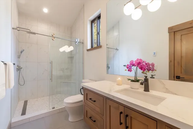 a bathroom with a granite countertop shower sink vanity mirror and toilet