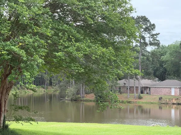 a view of a house with a yard and a fountain