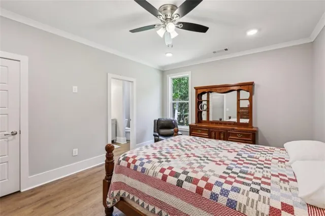 a view of a yard with plants and large trees