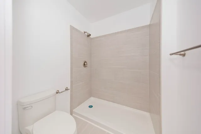 a bathroom with a shower and a toilet