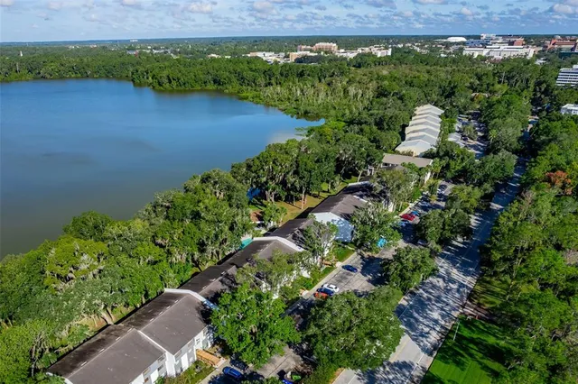a view of a lake with a building in the background