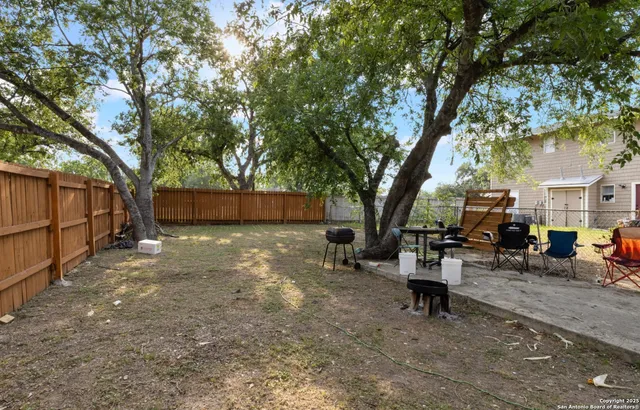 a view of a backyard with a tree