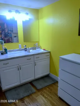 a bathroom with a sink and a mirror
