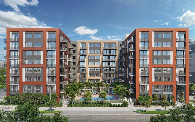 a front view of a multi story building