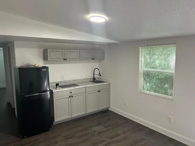 a kitchen with a refrigerator and a sink