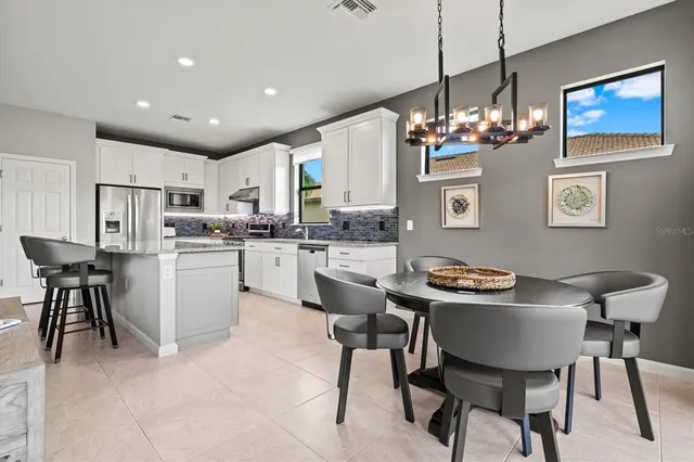 a view of a dining room with furniture window and outside view