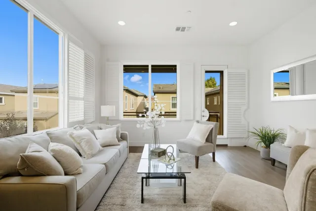 a living room with furniture potted plant and a large window