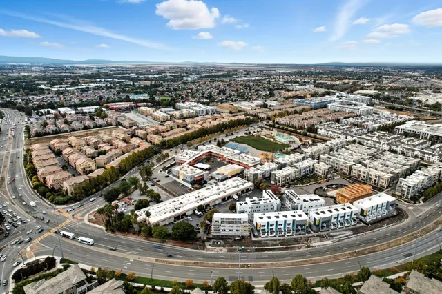 an aerial view of a house with a yard and potted plants
