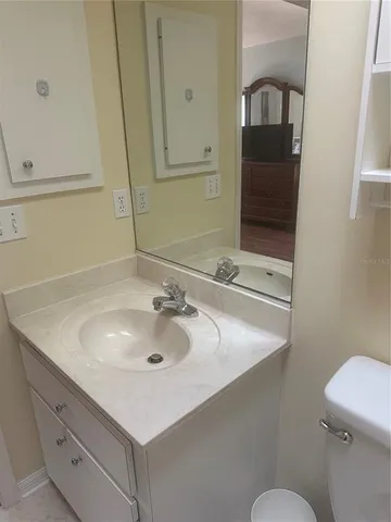 a bathroom with a sink toilet and mirror