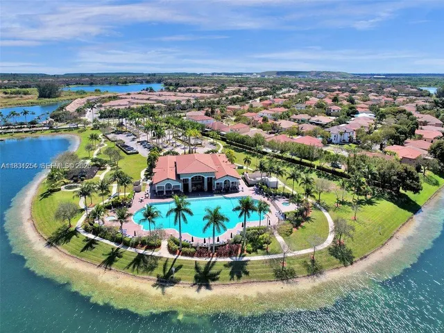 an aerial view of a house with a swimming pool