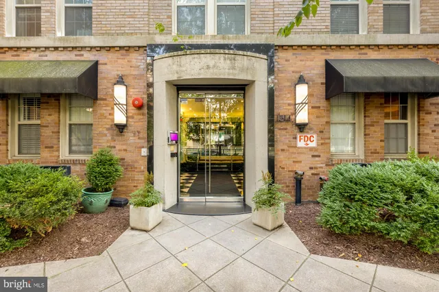 a view of a building with potted plants