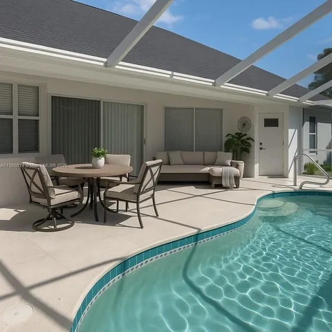 a building outdoor space with patio furniture and potted plants